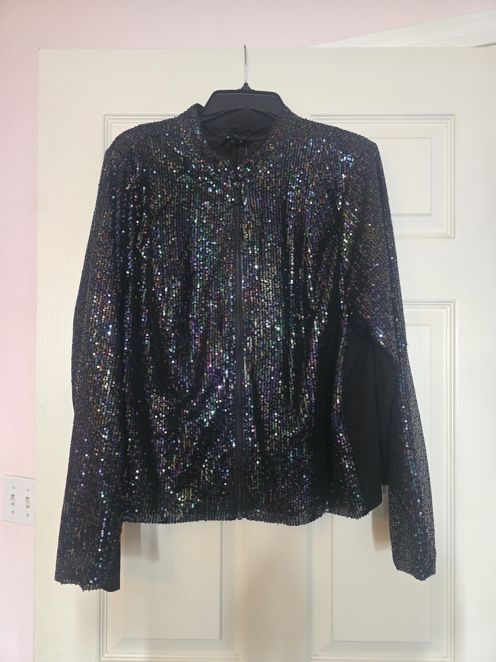 Black Sequin Moto Zip-Front Women’s Jacket